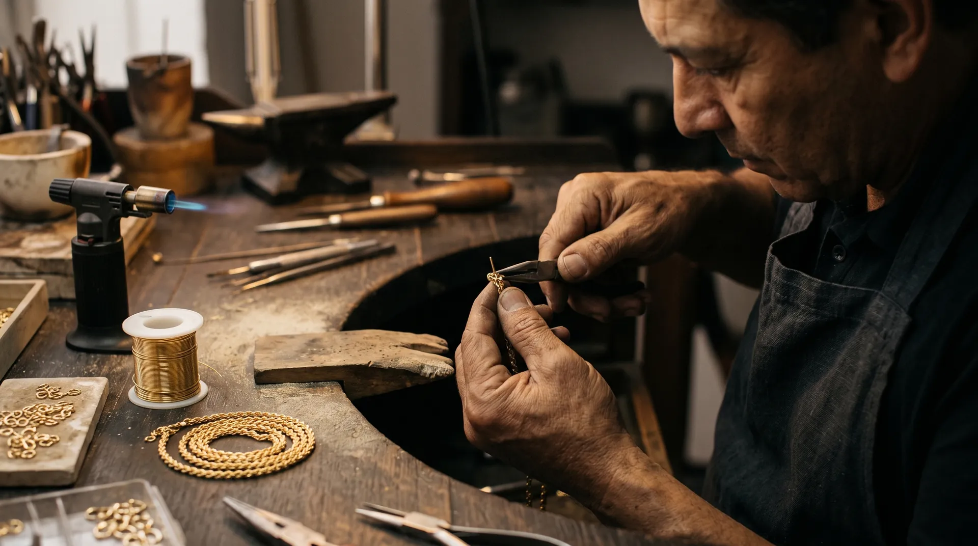 Manos de orfebre trabajando una cadena